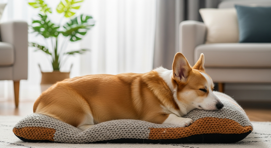 Pembroke Welsh Corgi resting peacefully on a dog bed, reflecting calm and contentment from daily probiotic support