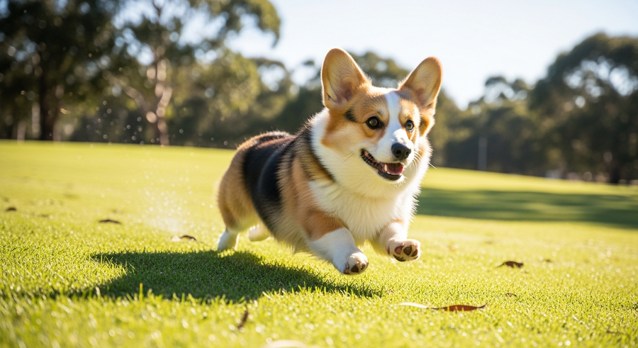 Pembroke Welsh Corgi running freely across a park lawn, displaying the active and energetic nature of healthy corgis in Australia