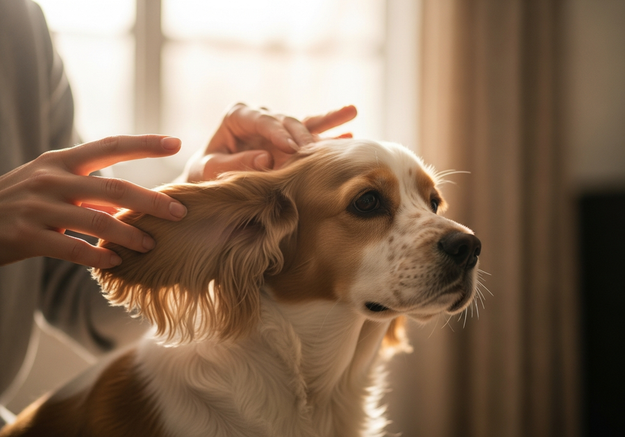 Cocker Spaniel with floppy ears being gently checked by owner, showing the importance of ear and gut health in the breed