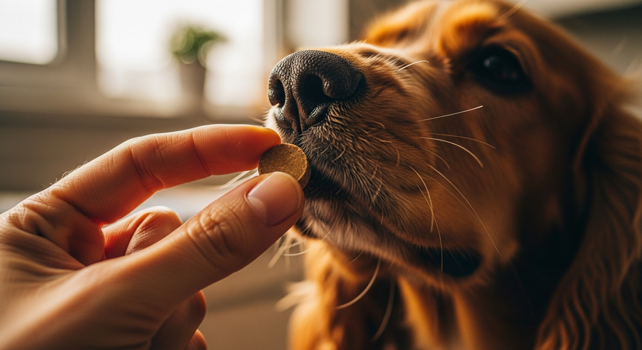 Cocker Spaniel eagerly taking a probiotic chew supplement from owner hand, showing easy daily gut health routine