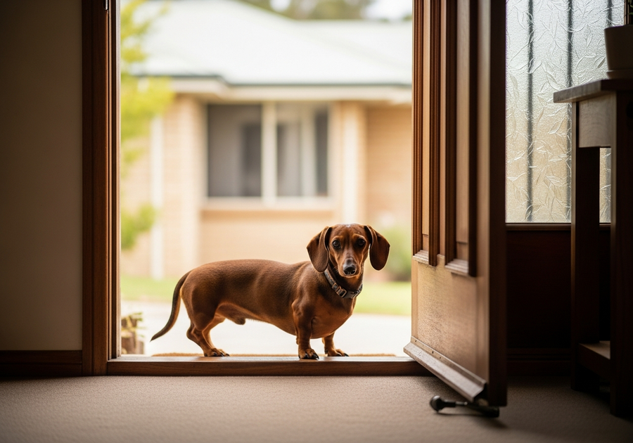 Dachshund showing signs of anxiety at a front door, a common behaviour pattern in the breed