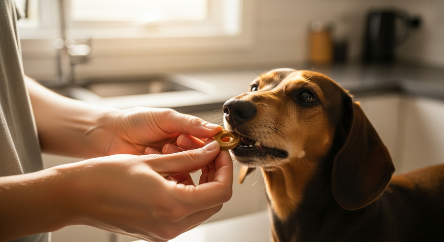 Owner giving a calming supplement chew to a dachshund as part of a daily wellness routine
