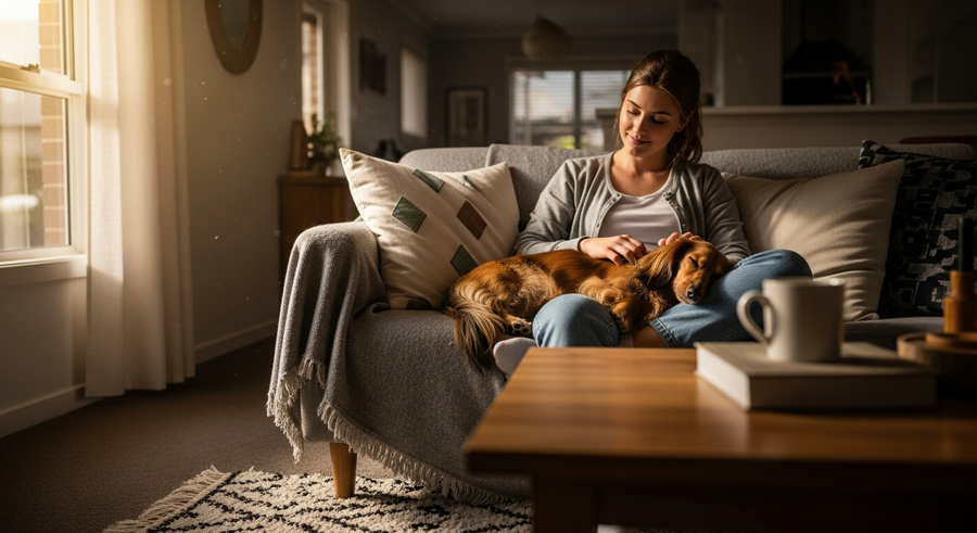 Owner sitting calmly with a long-haired dachshund on a couch at home, illustrating the close bond and daily care routine central to dachshund health