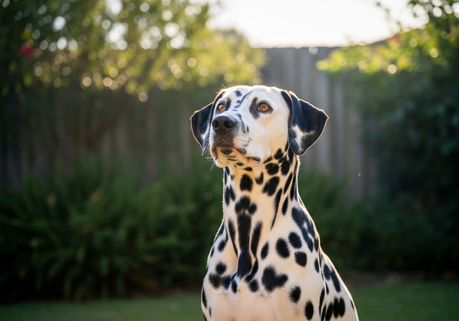 Dalmatian dog sitting attentively in a sunny Australian backyard, alert and healthy