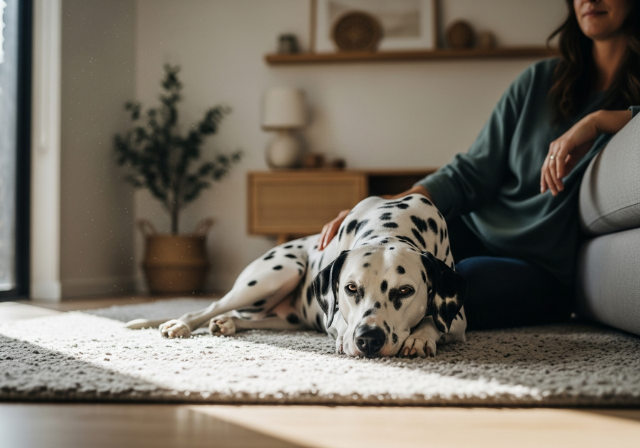 Dalmatian lying calmly at home beside its owner, settled behaviour supported by a daily calming supplement routine
