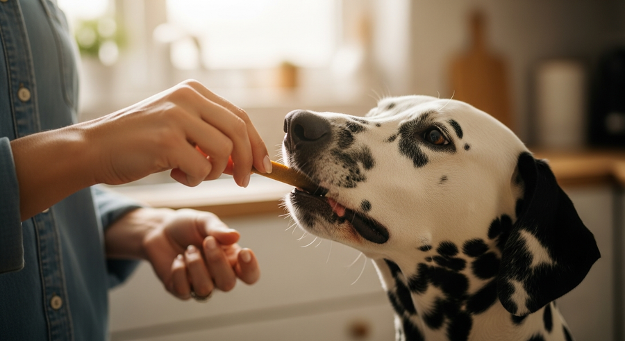 Owner offering a probiotic chew to a Dalmatian in a warm kitchen setting, daily supplement routine
