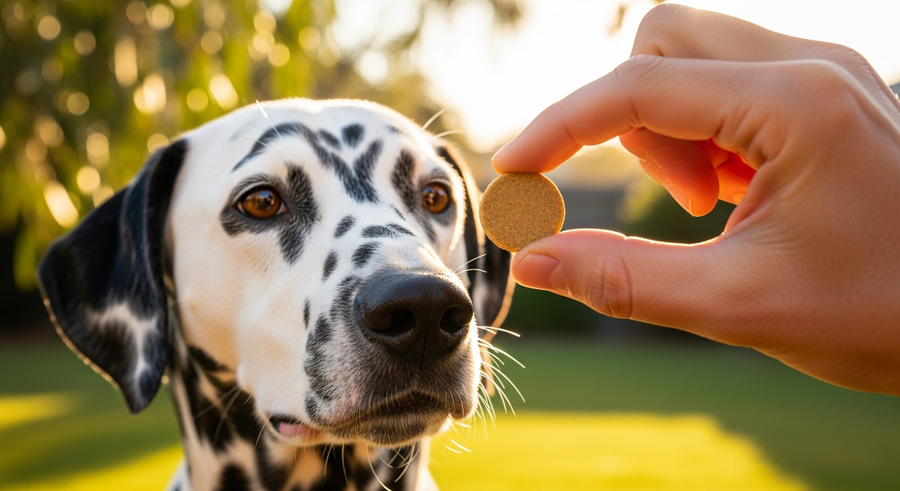 Owner offering a calming supplement chew to a Dalmatian in a sunny Australian backyard, establishing a daily care routine