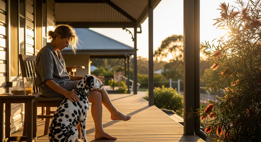 Owner sitting with her Dalmatian on an Australian verandah, reflecting the bond that comes with years of healthy living