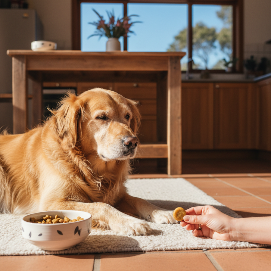 Owner giving a dog probiotic supplement to aid digestive recovery