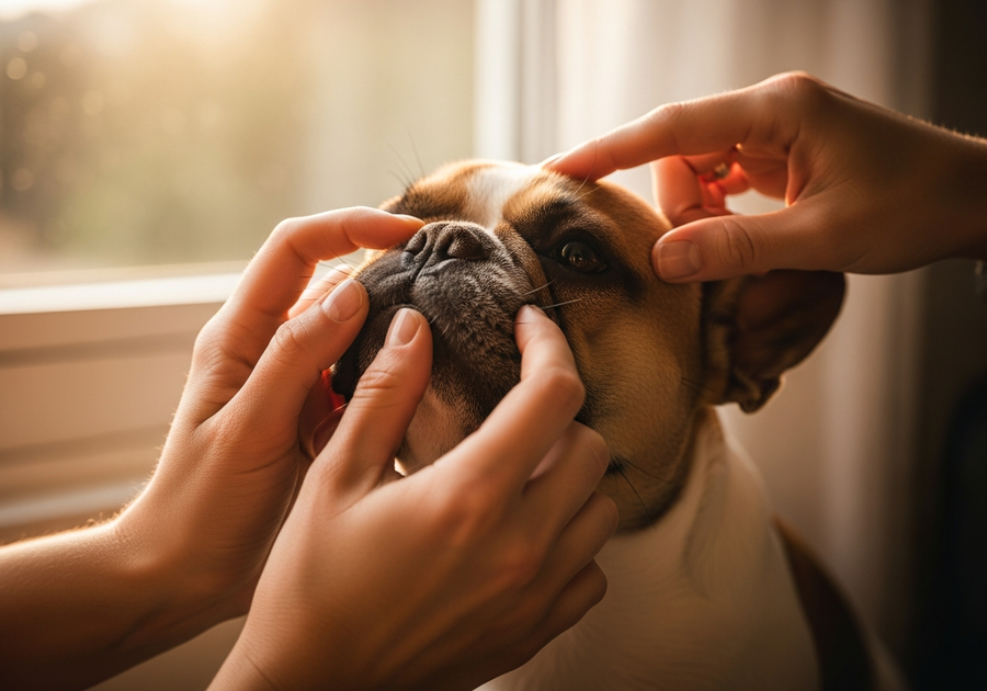 Owner checking French Bulldog breathing and airway health, caring and attentive