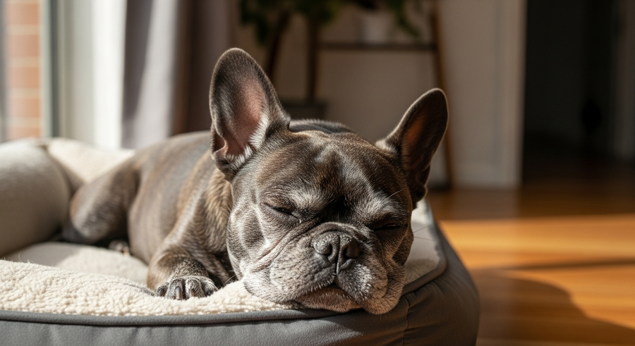 Senior French Bulldog resting peacefully on a comfortable dog bed indoors, showing healthy ageing