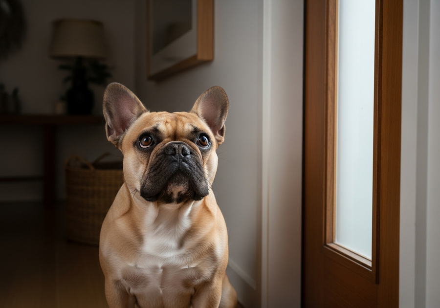 French Bulldog with worried expression sitting by the front door, illustrating separation anxiety in French Bulldogs