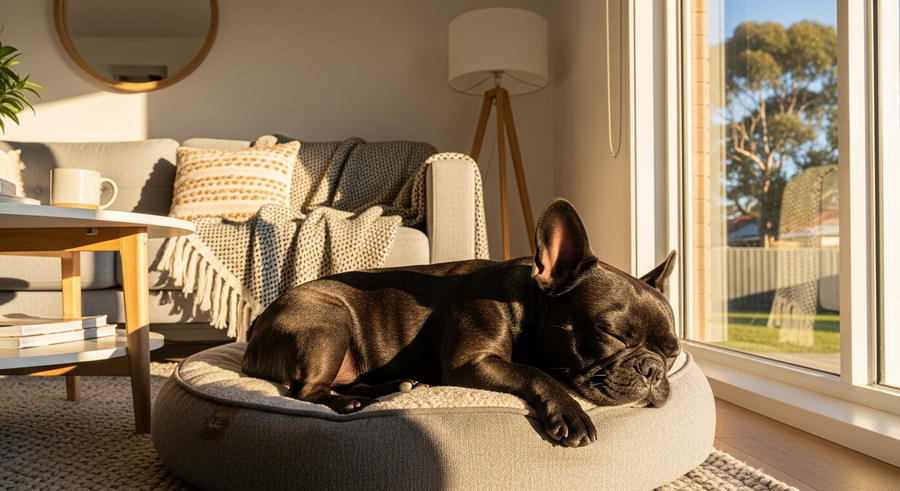 French Bulldog sleeping peacefully on a dog bed in a bright Australian living room after daily calming supplement routine