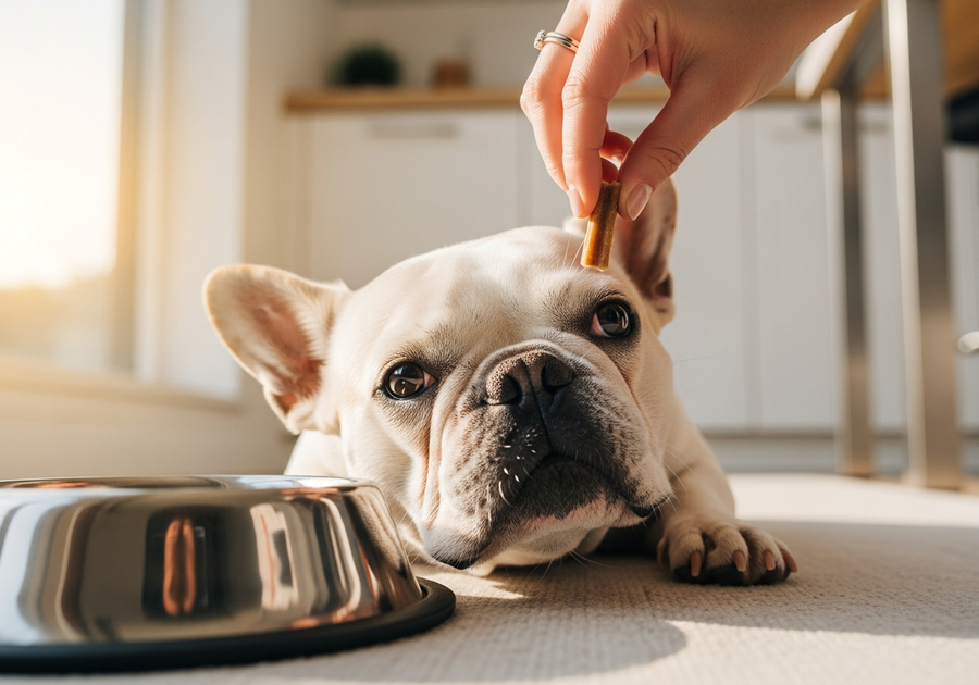 French Bulldog resting beside food bowl as owner offers a daily probiotic chew treat