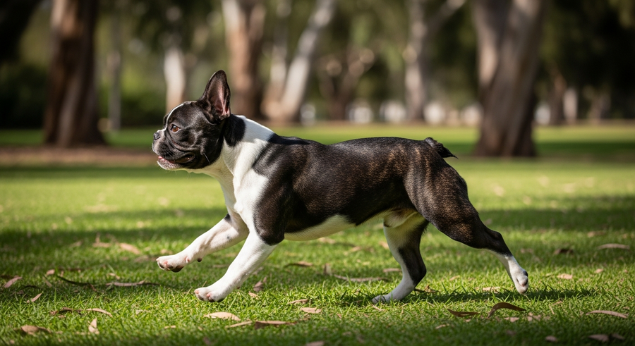 French Bulldog trotting happily across a park lawn showing healthy energy and vitality