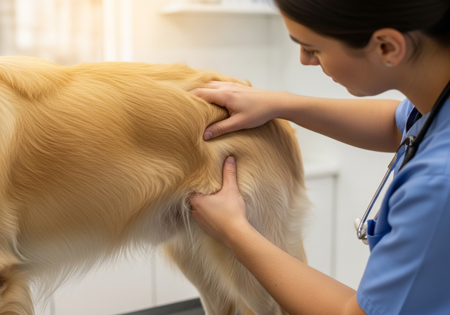 Veterinarian examining a Golden Retriever hip joint during a check-up, illustrating the importance of early detection of hip dysplasia