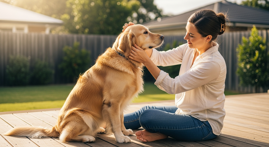 Australian owner checking their Golden Retriever's ears outdoors, demonstrating a proactive health routine for the breed