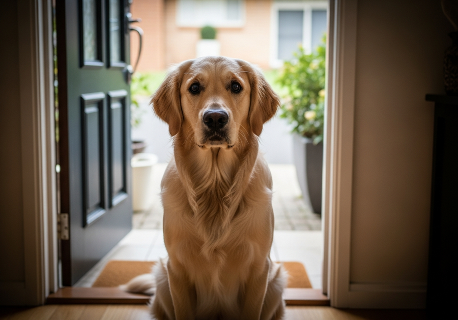 Golden Retriever sitting by a front door looking worried, a common sign of separation anxiety in dogs