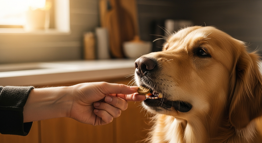 Owner offering a calming supplement chew to a Golden Retriever in a bright Australian kitchen