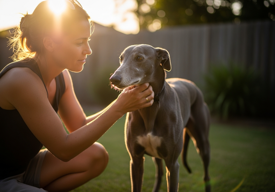 Australian woman kneeling beside her greyhound in a sunny backyard, showing the calm bond between owner and dog during daily care routine