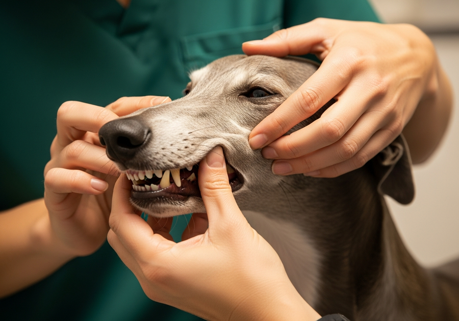 Owner examining greyhound teeth during vet checkup, regular dental care reduces periodontal disease risk