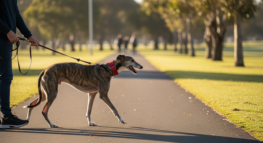 Greyhound walking on Australian park path with owner showing lean athletic build and healthy mobility