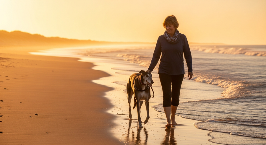 Senior greyhound walking with owner on Australian beach at golden hour, representing a long healthy greyhound lifespan