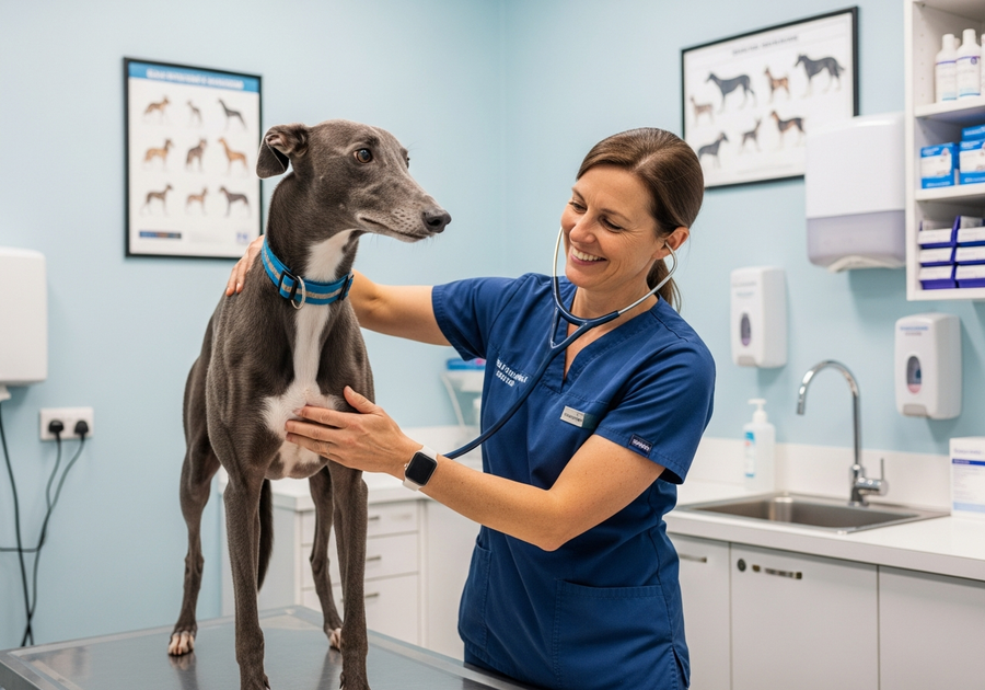 Greyhound receiving health check at Australian vet clinic, illustrating proactive care for greyhound lifespan