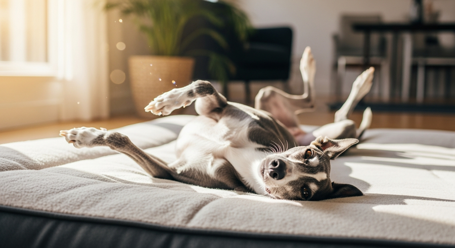Greyhound in classic roach position lying on back on a soft dog bed, showing complete relaxation and contentment at home