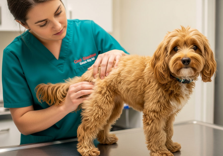 Owner gently examining a groodle dog for signs of hip dysplasia, illustrating the importance of early health checks