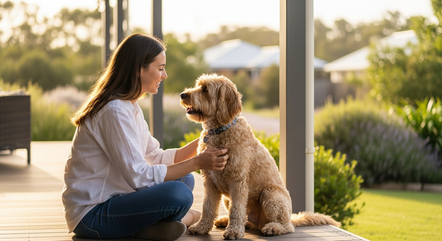 Young Australian woman sitting with her groodle dog on a sunny verandah, showing the bond between groodle and owner
