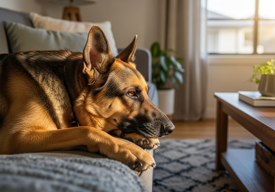 German Shepherd lying peacefully relaxed on a couch indoors, a sign of the settled calm behaviour that daily calming supplements can support
