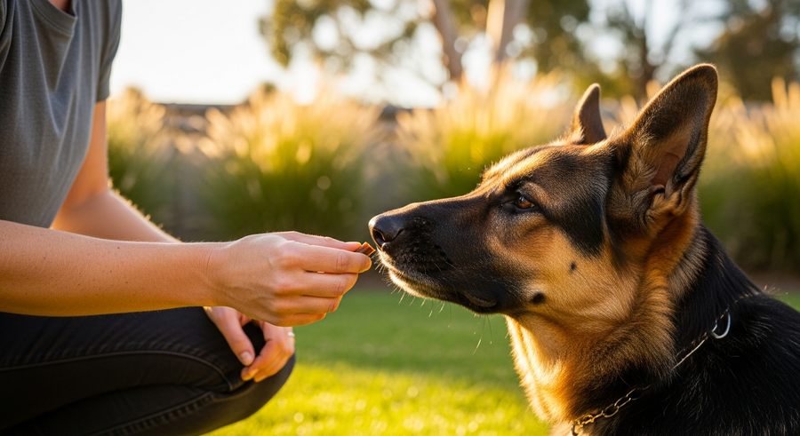 Owner offering a calming supplement chew to a German Shepherd in a sunny Australian backyard, building a daily health routine together