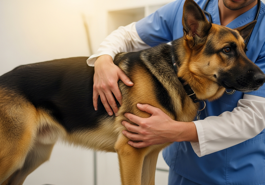 German Shepherd being examined by a veterinarian, checking hip area, illustrating common health screening for the breed