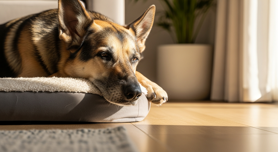 Senior German Shepherd resting peacefully on a dog bed at home, showing the importance of quality care as the breed ages