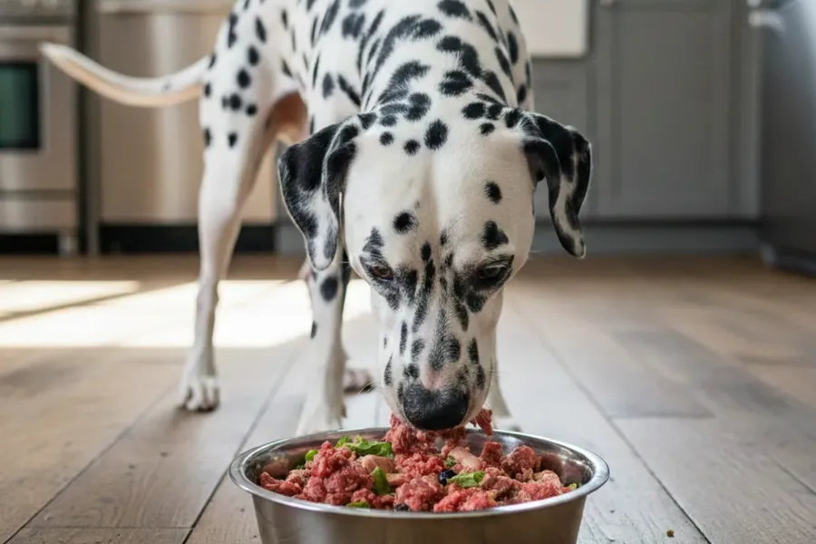 Dog eating a bowl of raw food, representing healthy gut nutrition for dogs