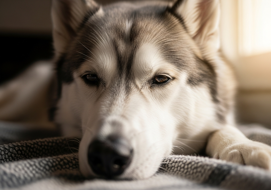 Senior Siberian Husky resting peacefully on a blanket, showing the calm that comes with daily joint support