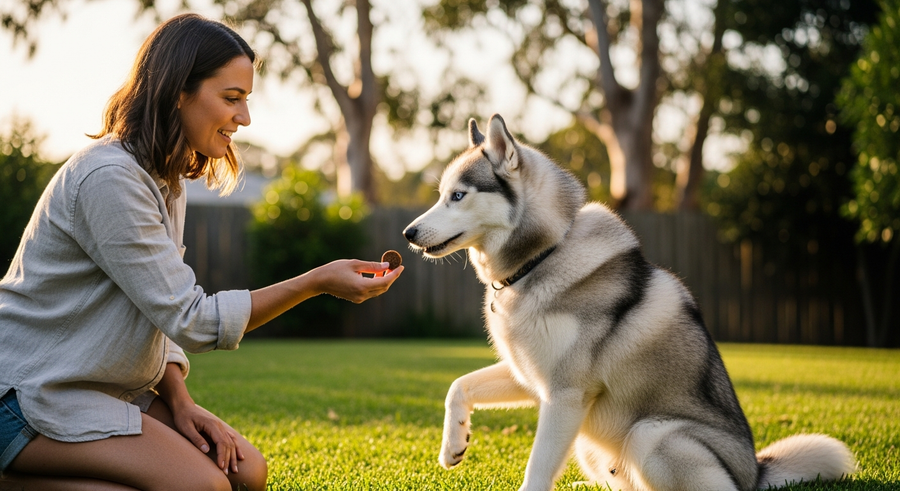 Australian woman offering a joint supplement chew to her Siberian Husky in a backyard, daily supplementation routine