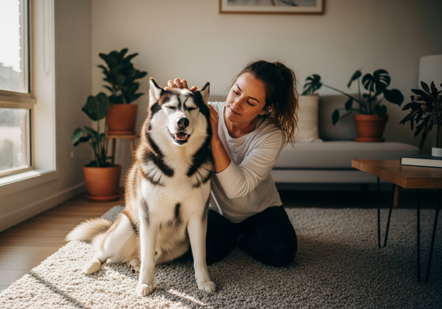 Calm Siberian Husky sitting with its owner indoors, showing the settled behaviour that calming supplements can support