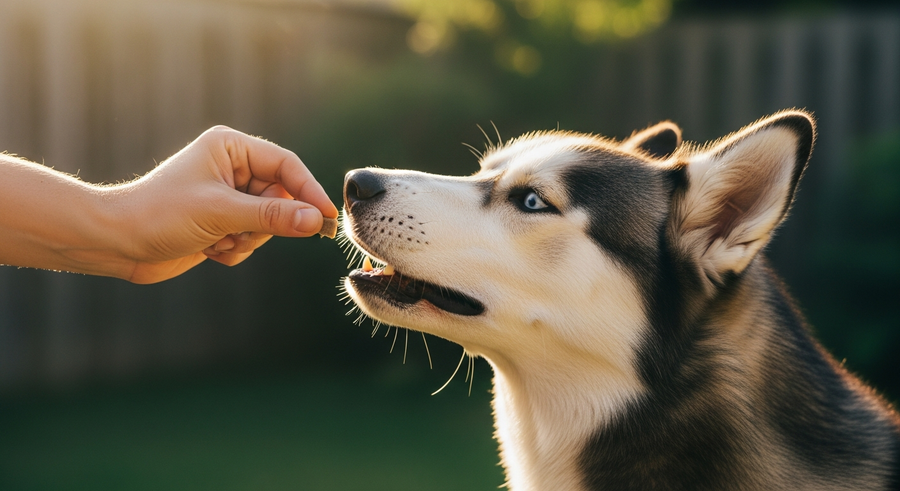 Owner offering a daily calming supplement chew to a Siberian Husky in a sunny Australian backyard