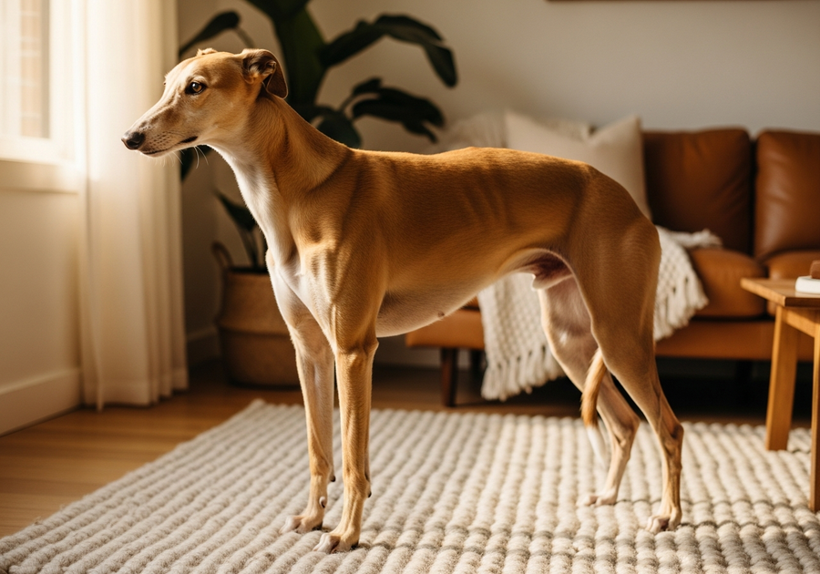 Adult Greyhound standing in a warm Australian home, showing the lean build that makes joint support important for greyhounds