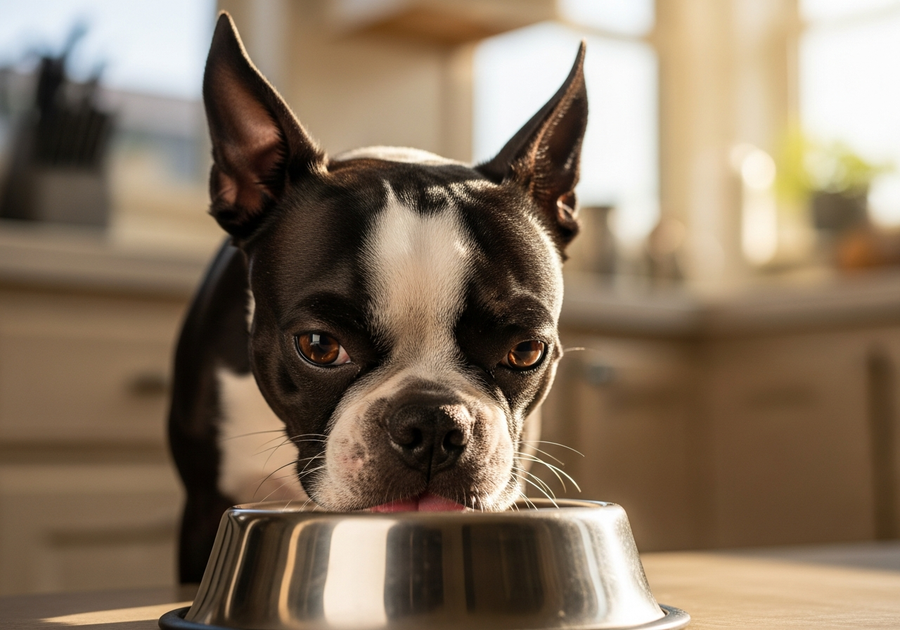 Boston Terrier eating from a bowl at feeding time, showing healthy daily routine supported by probiotics
