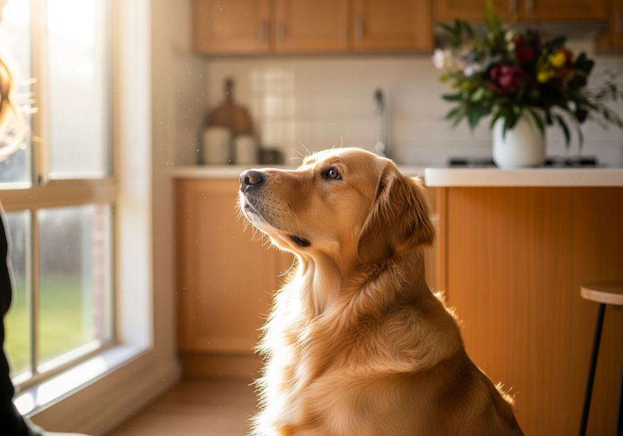 Golden retriever sitting attentively in a sunny Australian home kitchen, calm and healthy with good gut health from daily probiotics