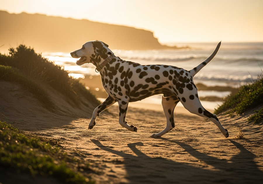 Active Dalmatian running across green grass in an Australian park, showing the high-energy build that places demands on joints