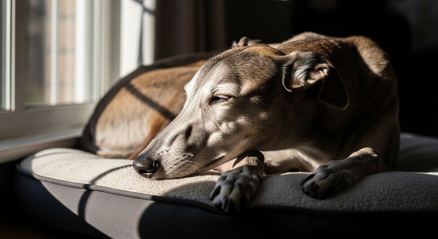 Senior Greyhound resting on a padded dog bed by a window, illustrating the benefit of daily joint support for older greyhounds