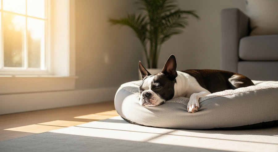 Boston Terrier resting on a dog bed in a sunlit living room, comfortable and relaxed with good gut health