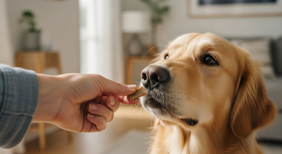 Owner offering a probiotic chew to an eager golden retriever at home, showing easy daily supplement routine for gut health