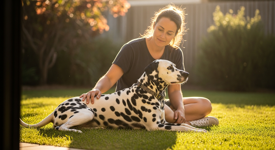 Dalmatian resting calmly on grass after a run, illustrating the recovery phase that daily joint support can help with