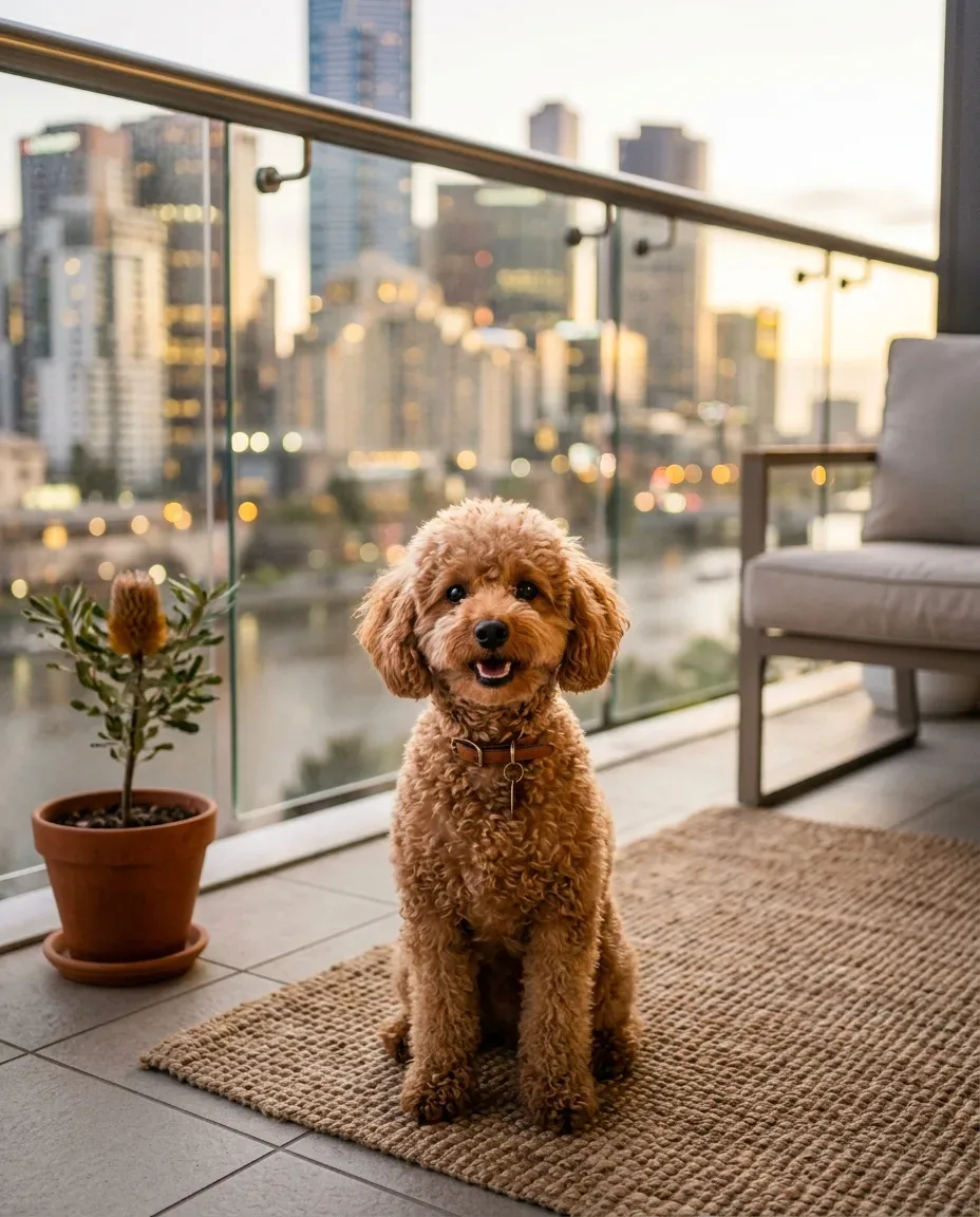 A healthy Toy Poodle sitting on an Australian balcony.