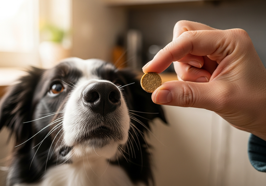 Owner offering a soft probiotic chew to a Border Collie, showing easy daily supplementation